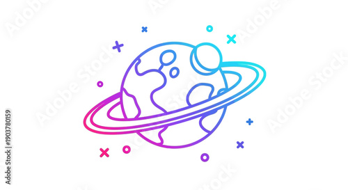 Stylized cosmic planet with colorful gradient rings and a moon on a white background