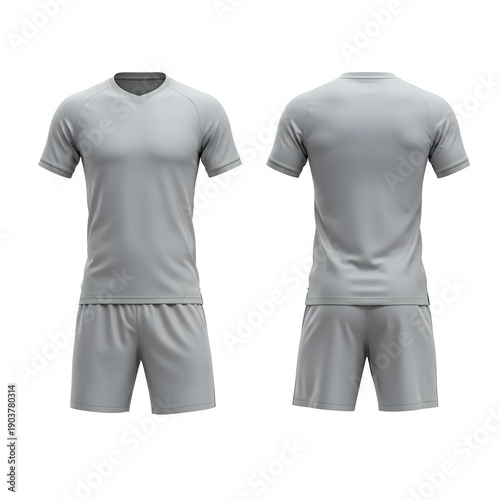 Blank Gray Soccer Kit Mockup Front and Back View, Plain Football Jersey and Shorts Template for Sports Team Uniform Design Isolated on White Background