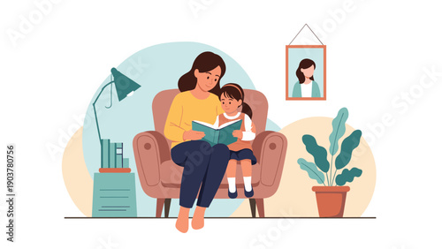 Loving mother and young daughter sitting together in a comfortable brown armchair reading a green storybook in a cozy living room.