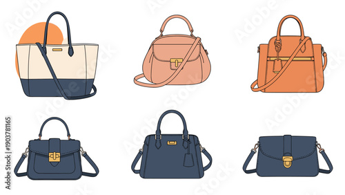 Selection of fashionable women handbags in different styles and colors including tote bags and crossbody bags in blue, beige, and orange.