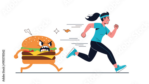 Humorous illustration of a fit woman in athletic wear running away from a giant, angry, fast-moving hamburger monster representing diet.