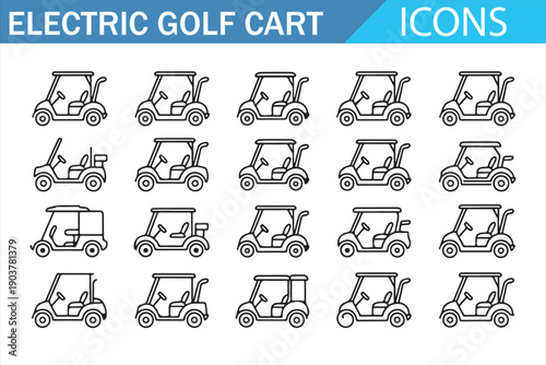 Golf cart electric vehicle icons collection in clean outline style