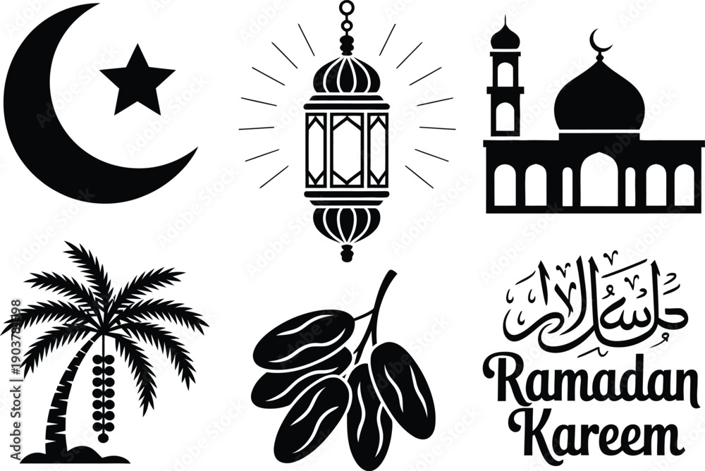 Obraz premium Islamic Ramadan Icon Set: Black Silhouette Vector Collection of Mosque, Lantern, Crescent Moon, Star, Palm Tree, and Dates for Religious Celebration