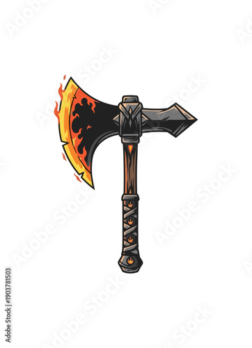 Stylized burning axe illustration on black background