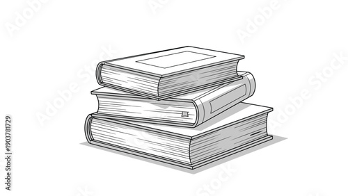 Detailed black and white engraving style illustration of a stack of three thick hardcover books with visible page textures on white.