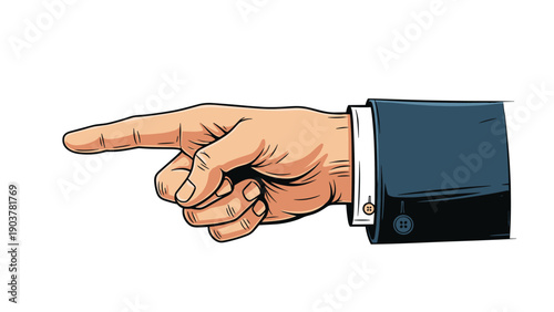 Retro style illustration of a male hand in a suit sleeve with a white cuff pointing his index finger firmly to the left side.