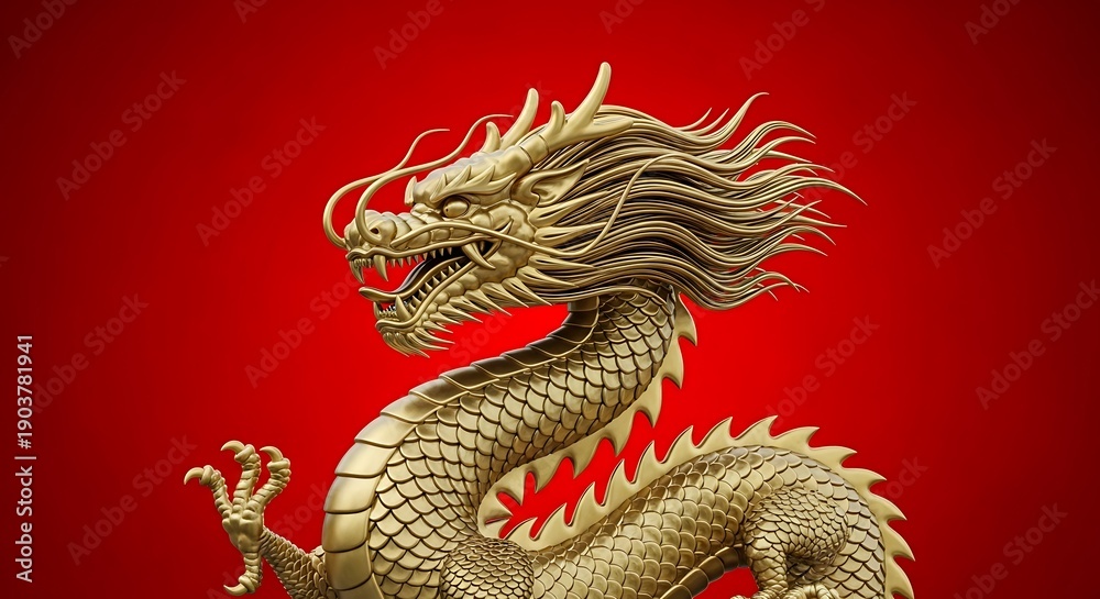 Fototapeta premium Golden Dragon Statue on Red Background.