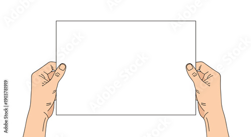 Close up of two human hands holding a rectangular blank white sheet of paper for information display or mockup.