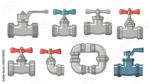 Collection of various industrial metal water valves and pipe connectors used for plumbing and engineering systems design.