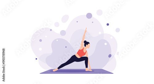 Young woman practicing yoga in a side lunge stretch pose on a purple mat against a soft abstract background with bubbles to promote wellness.