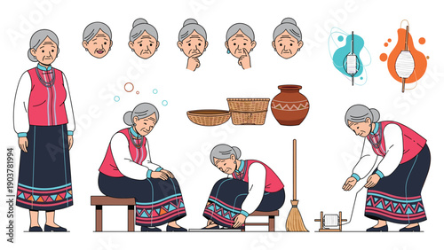 Traditional elderly woman performing cultural crafts and household chores including weaving and cleaning in a flat vector illustration.