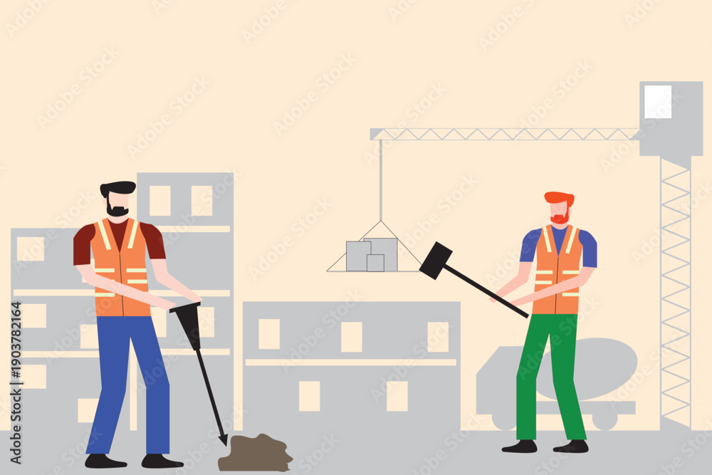 Fototapeta premium Construction Workers at Work. Building and Labor Illustration Art.
