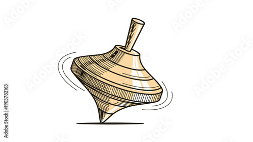 Vintage style woodcut engraving of a classic wooden spinning top toy showing dynamic motion lines on a plain white background.