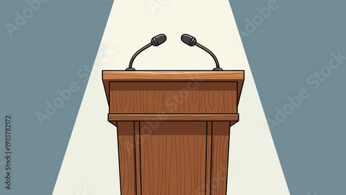 Professional wooden lecture podium equipped with two microphones standing under a bright circular spotlight on a grey background.
