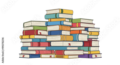 Tall messy pile of numerous colorful books stacked together representing a vast library or extensive knowledge.