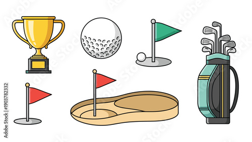 Comprehensive set of golf sports icons including a gold trophy, ball, flags, sand trap, and a bag filled with professional clubs.