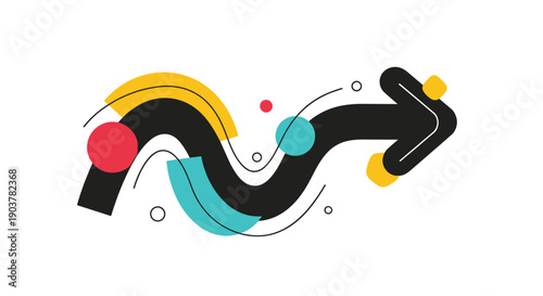 Creative abstract design of a black arrow following a wavy path decorated with colorful circles and curved shapes.