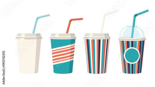 Selection of four different colorful soda or milkshake cups with plastic lids and flexible drinking straws in various styles.