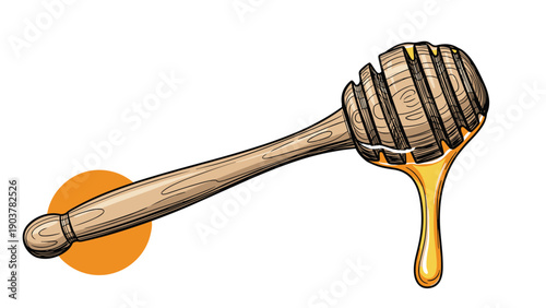 Hand-drawn style illustration of a classic wooden honey dipper stick with a golden drop of sweet honey dripping from the head on white.