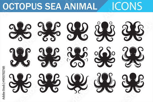 Ocean octopus animal icons in bold black vector style