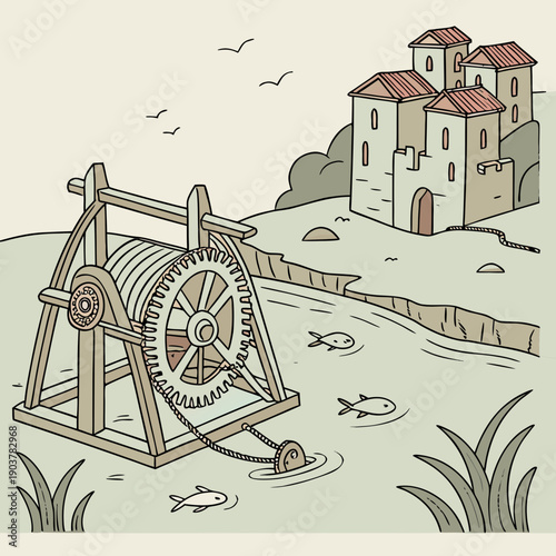 Aquatic Renaissance Invention Powered by Tides: Conceptual illustration of an underwater invention harnessing tidal energy, blending technology with natural forces.