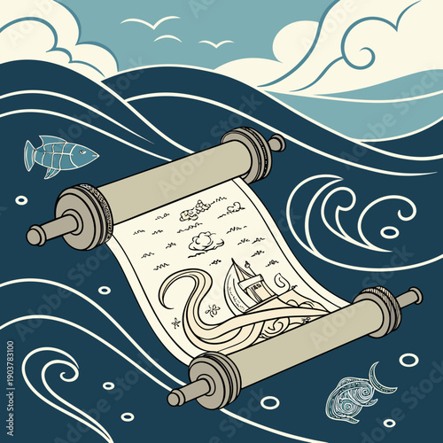 Aquatic renaissance scroll dissolving into dynamic ocean waves, symbolizing transition and fluidity.