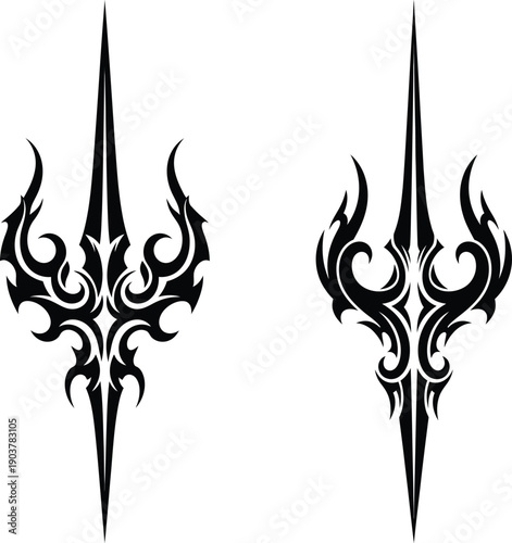 Tribal tattoo designs with flame and spear elements in black