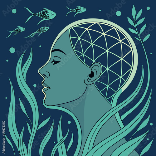 Aquatic renaissance portrait featuring an abstract, geometric face, detailed digital illustration.