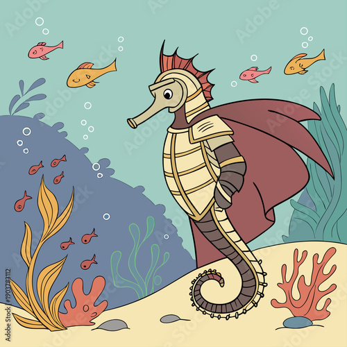 Aquatic renaissance seahorse knight in ornate armor, a fantastical marine warrior.