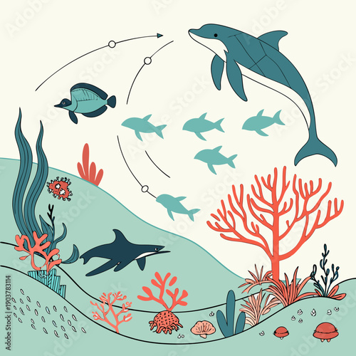 Aquatic renaissance sea life ecosystem diagram, illustrating biodiversity and marine balance.