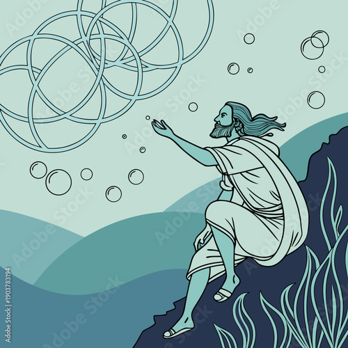 Renaissance thinker contemplating deep sea wisdom, surrounded by bubbles in a surreal aquatic exploration.