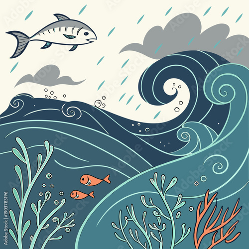 Aquatic renaissance storm raging beneath a calm sea surface, symbolizing hidden power and duality.