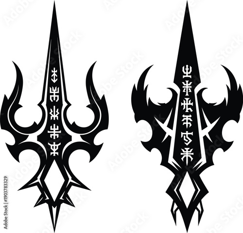 Trident symbols with asian characters and ornate details