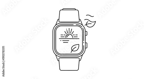 Minimalist line art icon of a smartwatch displaying a nature-inspired scene and leaves