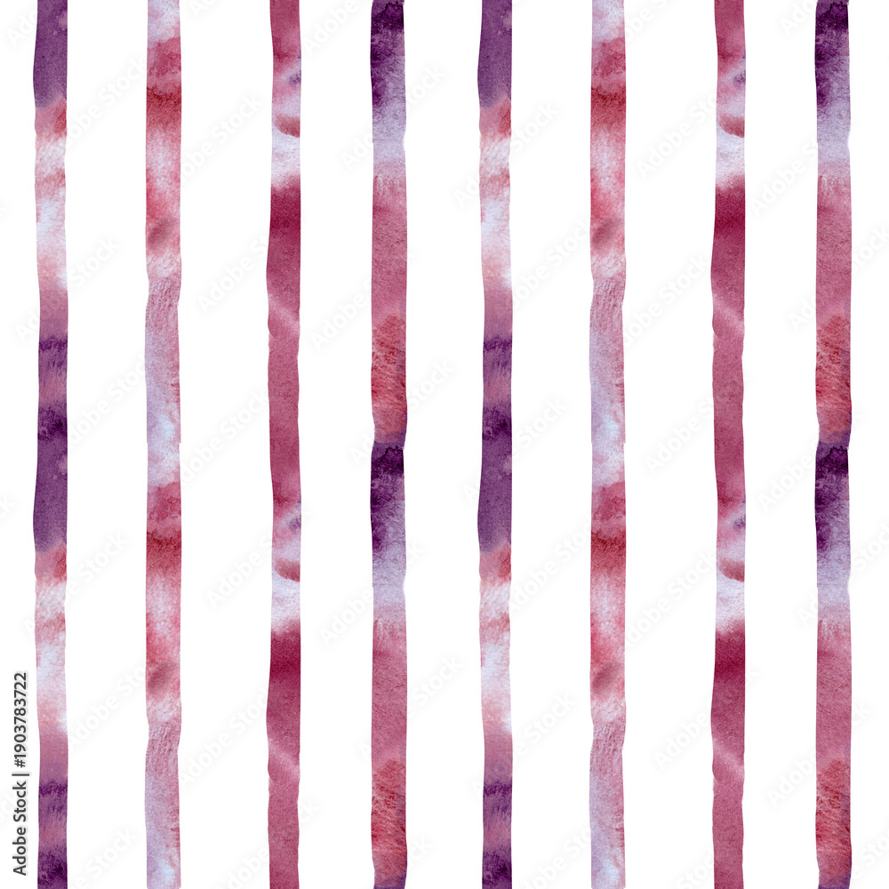 Obraz premium Watercolor stripe seamless pattern background in pink and purple colors isolated on white. Graphic wallpaper art. Hand drawn pastel red lines texture for fashion design. Endless brushstrokes backdrop.