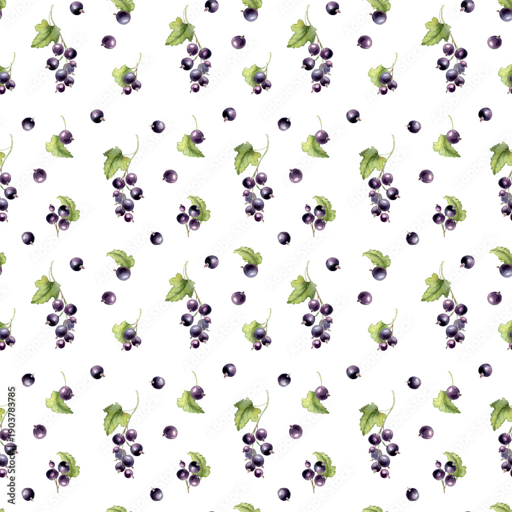 Obraz premium Watercolor seamless pattern with greenery black berries isolated on white. Summer print with fresh garden blackcurrant plants. Botanical repeat background for fabric, wallpaper, card, and food design.