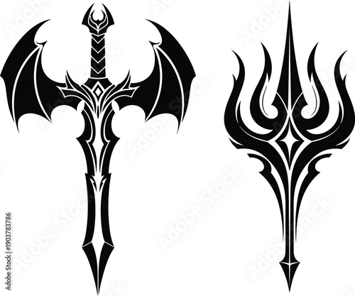Tattoo designs of fantasy sword and trident on white background