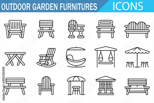 Minimal outdoor patio furniture icon set in clean line style