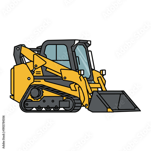 Yellow Compact Track Loader with Front Bucket on White Background, Construction Equipment