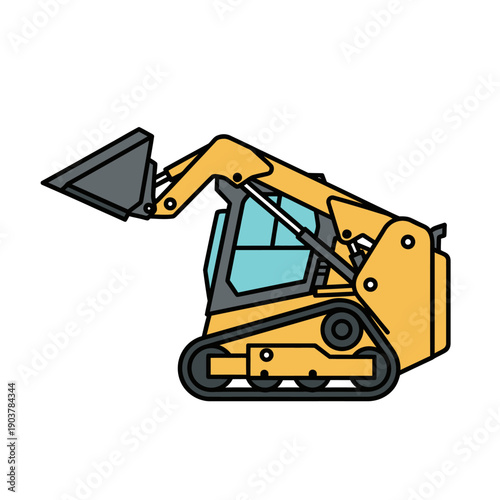 Yellow compact track loader with bucket raised, isolated on white background
