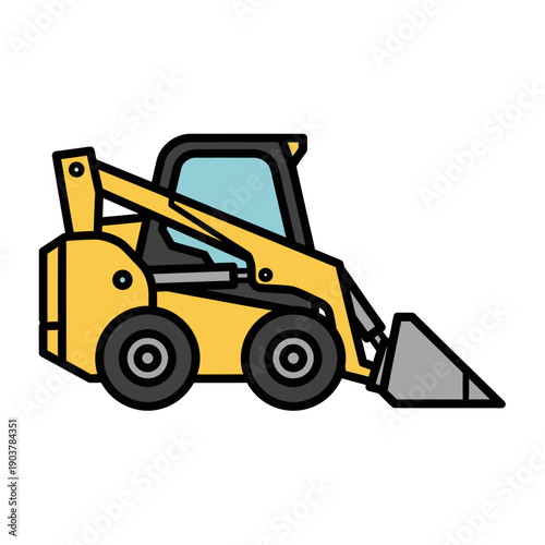Yellow compact loader with bucket on white background, construction equipment illustration