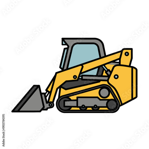 Yellow compact track loader with bucket isolated on white background, vector illustration