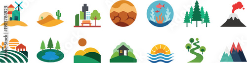Nature landscape and outdoor environment flat icon set, natural scenery and eco ecosystem symbol, mountain forest desert and ocean vector illustration with editable stroke.
