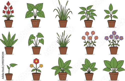 Large collection of various indoor houseplants and flowers in brown ceramic pots featuring monstera, ferns, and colorful blossoms in flat cartoon style.