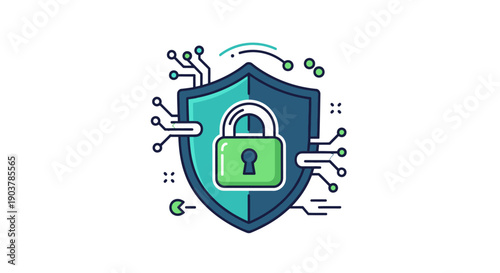 Digital security shield with lock icon and circuit elements.