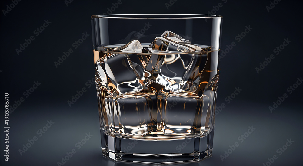 Fototapeta premium Whiskey in a glass with ice cubes, amber liquid, sophisticated alcoholic drink