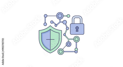 Digital security shield and lock icon with connected nodes.