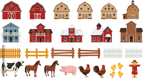 Large farm vector asset bundle featuring red barns, wooden stables, rural fences, and livestock including cows, horses, pigs, and chickens in flat cartoon style.