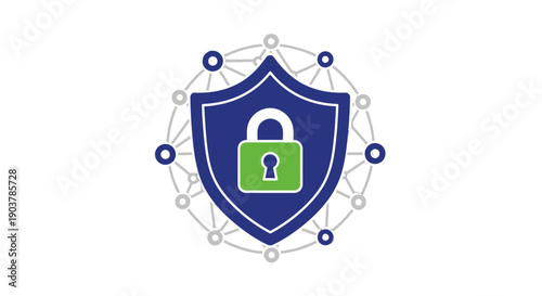 Cybersecurity shield with lock icon and network connection.