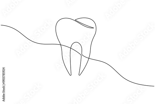 Elegant single line art illustration of a human molar. This clean vector design represents dental health, professional tooth care, and modern stomatology.